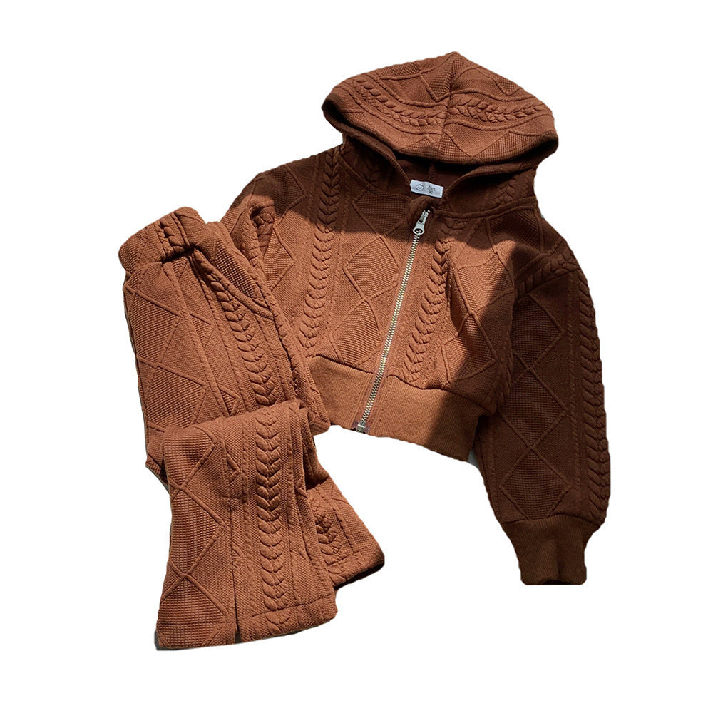 Children's Korean-style Short Knitted Long-sleeved Shirt Split Flared Pants Two-piece Set (Available)