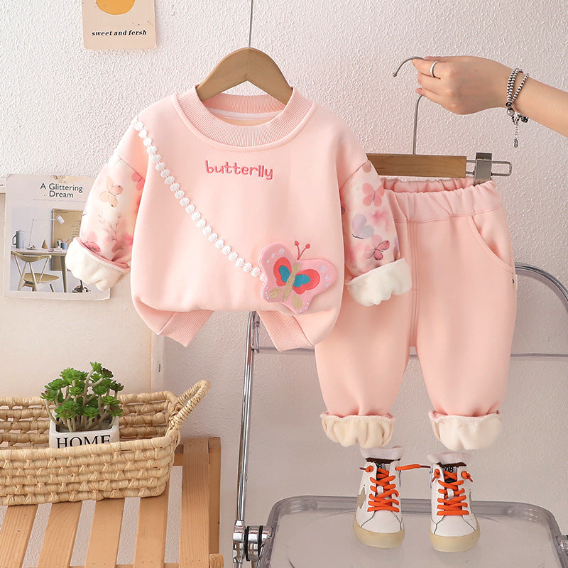 Girls' Fleece-lined Thickened Butterfly Sweater Suit
