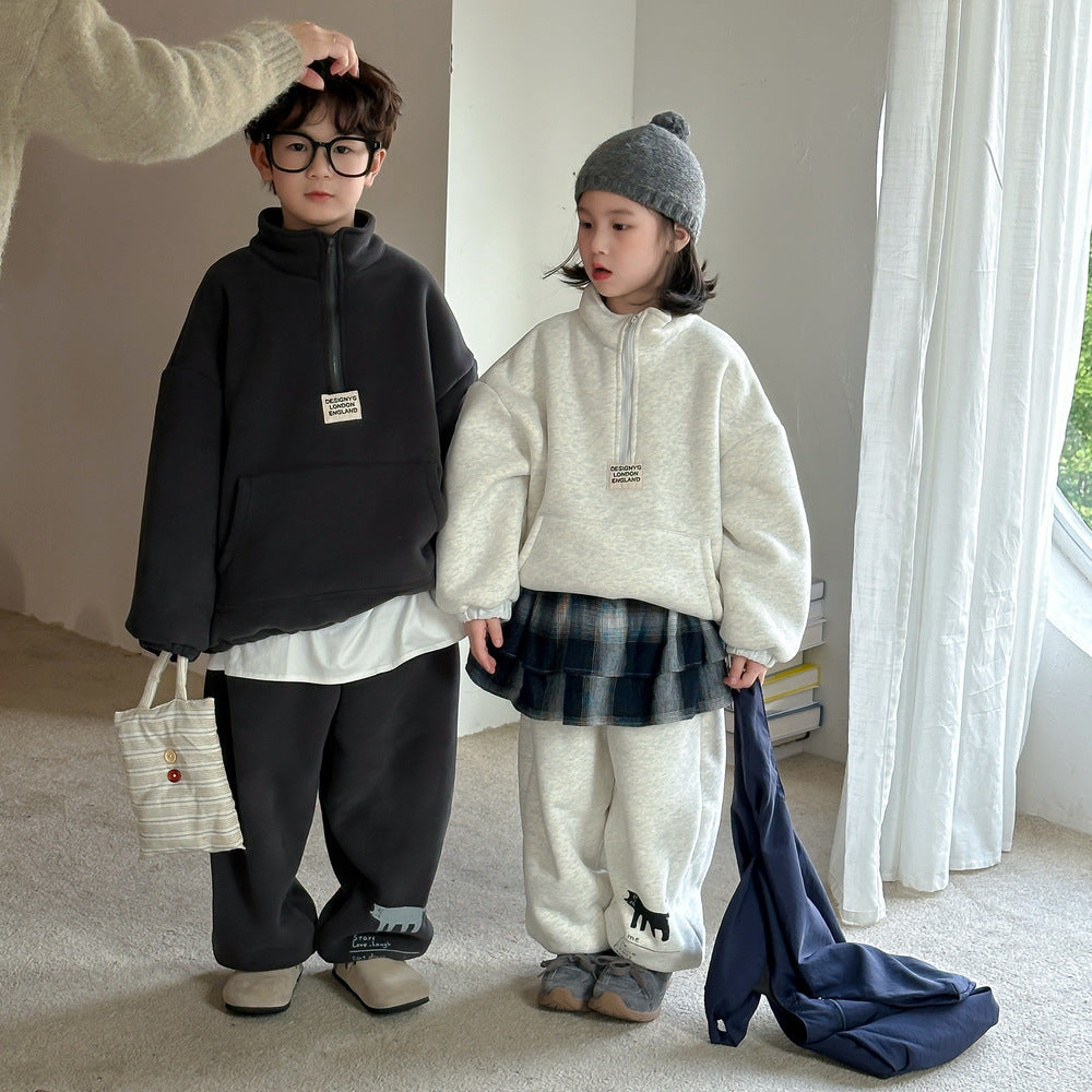 Winter Clothes For Boys And Girls Korean-style Labeling Half Zipper Two-piece Set