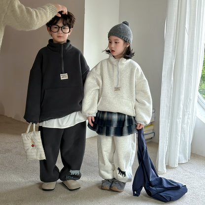 Winter Clothes For Boys And Girls Korean-style Labeling Half Zipper Two-piece Set