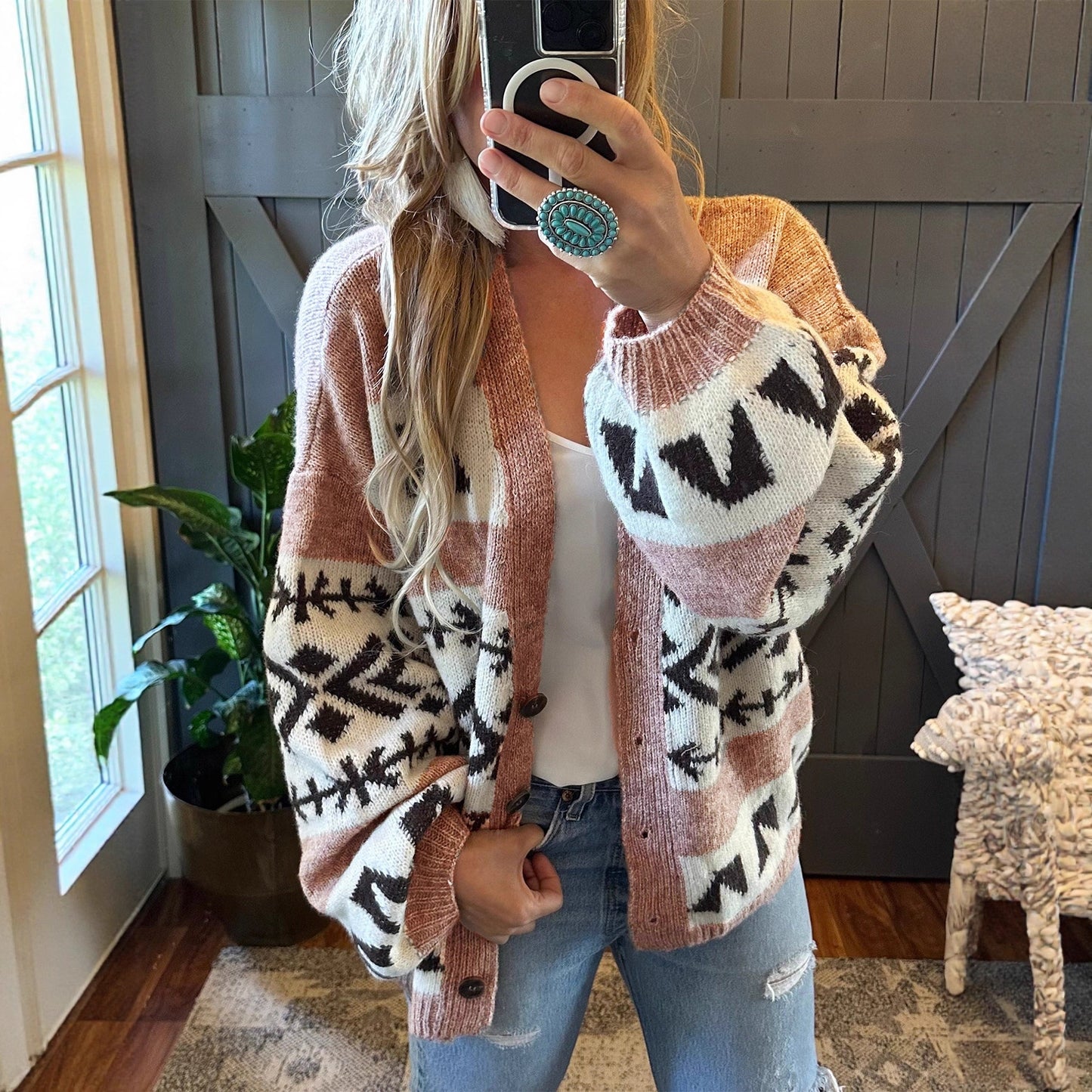 Loose And Lazy Style Jacquard Contrast Color Outerwear Knitted Cardigan Sweater