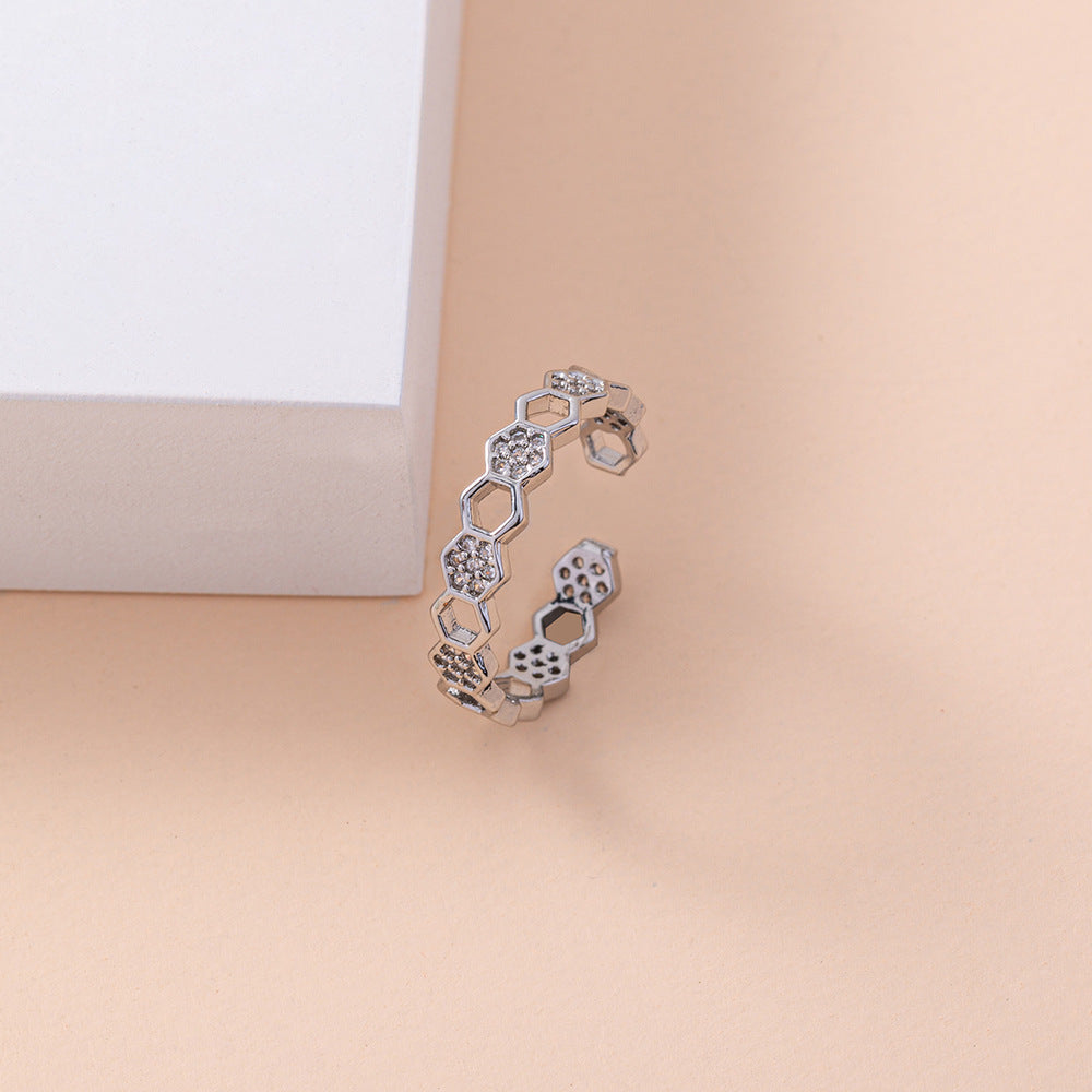 European and American cross-border rings Fashion personality opening adjustable micro-inlaid zircon honeycomb ring jewelry ring accessories