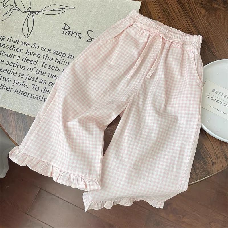 Sweet Plaid Flared Wide Leg Pants Ruffled Two-piece Set (Available))