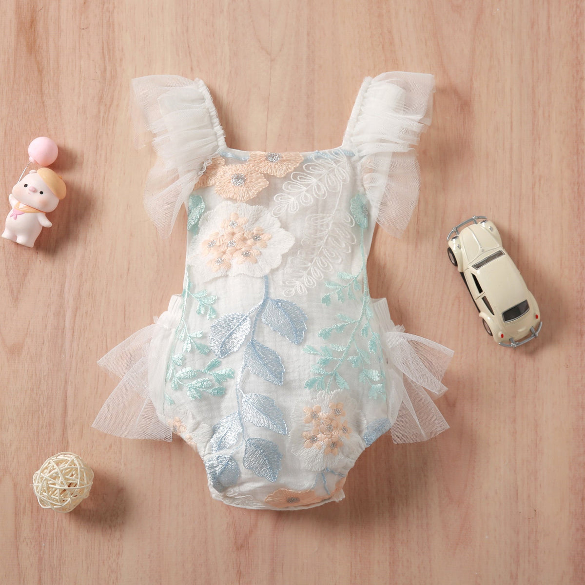 Baby Girl Romper Lace Sleeve Embroidered  Back Tulle Jumpsuit (Available)