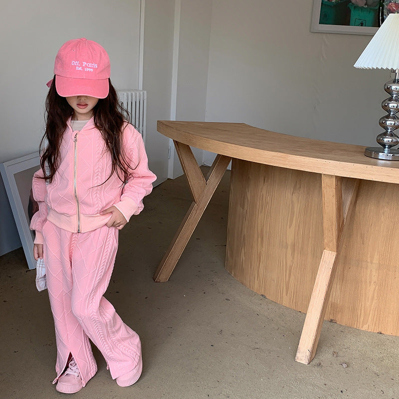 Children's Korean-style Short Knitted Long-sleeved Shirt Split Flared Pants Two-piece Set (Available)