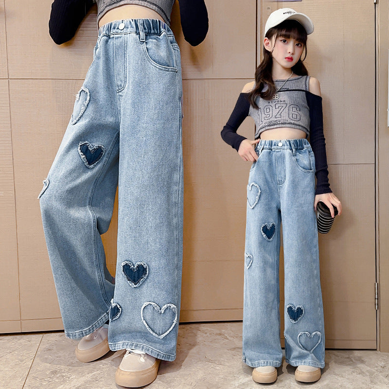 Girls' Love Raw Edge Denim Wide-leg Pants (Available)