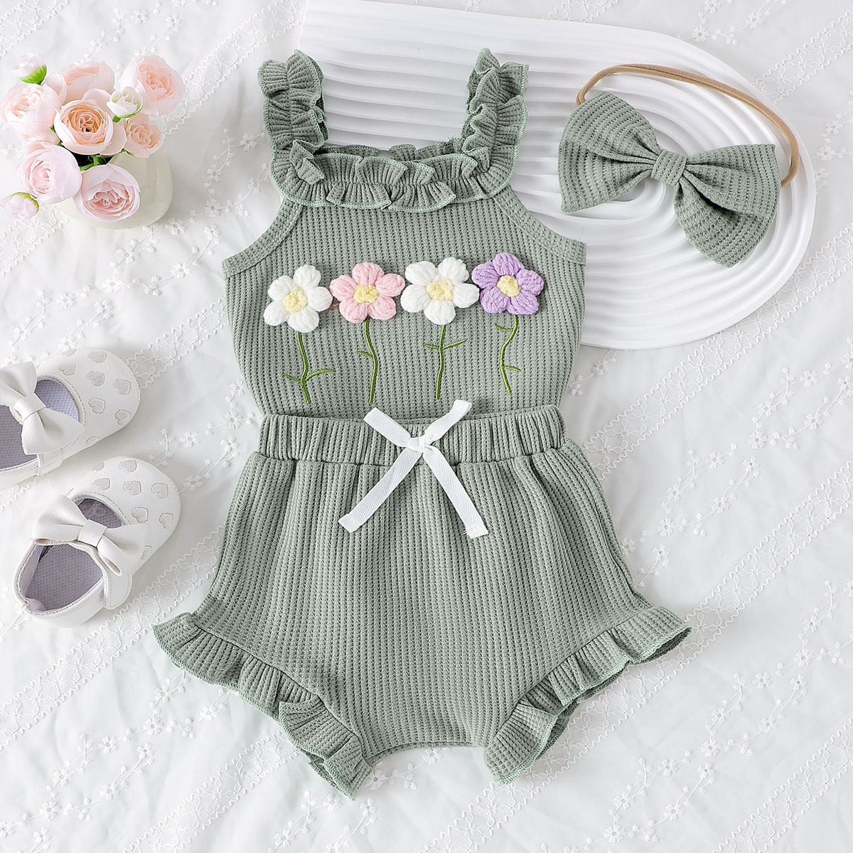 Girls' Summer Embroidered Three-piece Set With Suspenders
