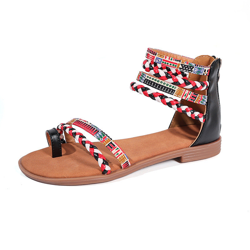 Ethnic Style Colorful Stitching Large Size Flat Bottom Sandals (Available)