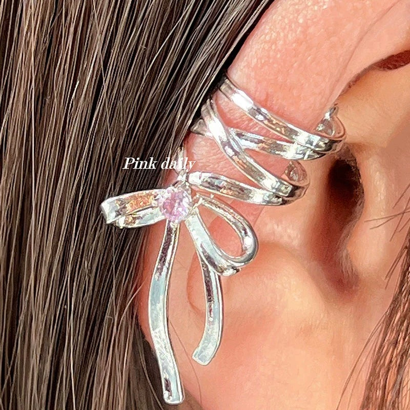 Ribbon bow ear cuff with a non-piercing ballet-inspired design for women, lightweight fashion jewelry for everyday wear and parties