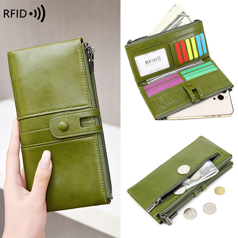 Oil Wax Leather Double Zipper Long European And American New Retro Anti-theft Swiping Women's Wallet