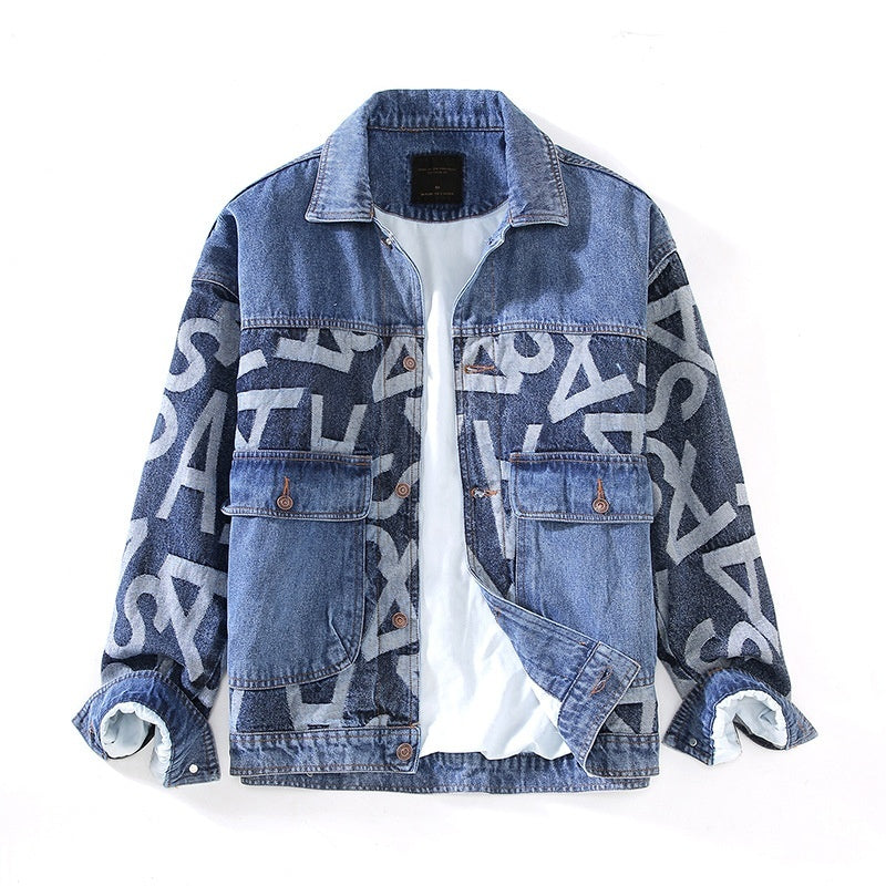 G066 Korean Style Trendy Men's Youth Heavy Craft Wash Denim Stitching Baggy Coat Jacket