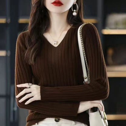 Slim V-neck Pullover Long Sleeve Knitted Sweater