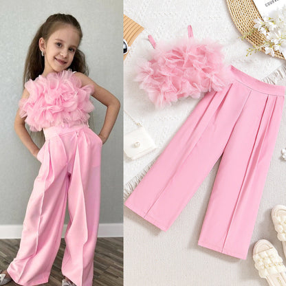 Mesh Three-dimensional Flower Sling Top Slim Fit Suit Pants Suit  (Available)