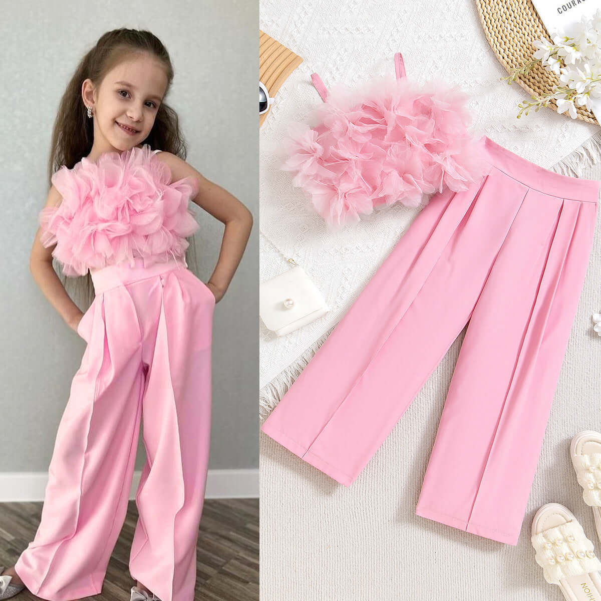 Girls Flower Pants Set Bangladesh Mesh Top - Small China Town
