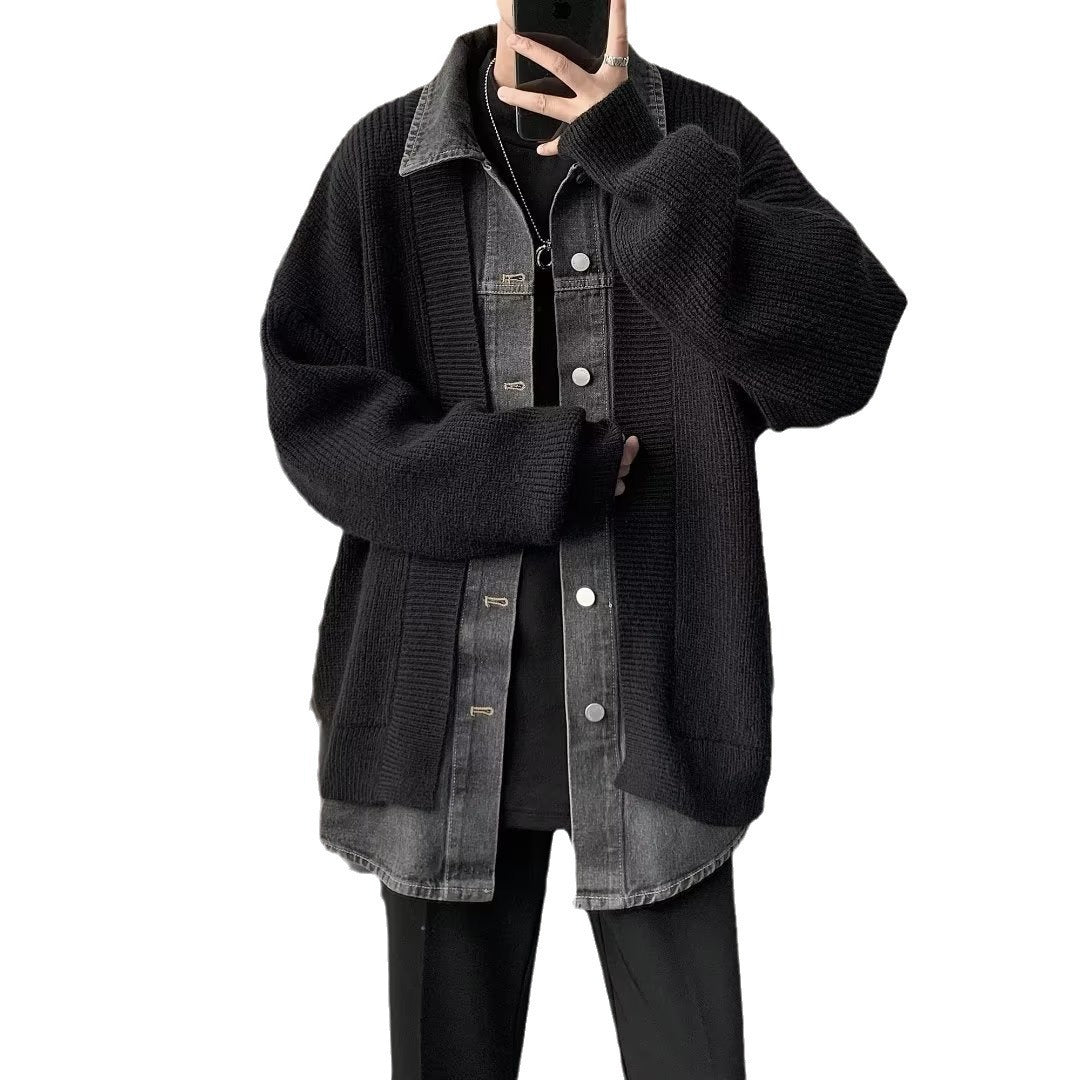 Men's Knitted Cardigan Coat Fake Two-piece Color Matching