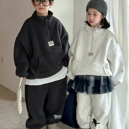 Winter Clothes For Boys And Girls Korean-style Labeling Half Zipper Two-piece Set