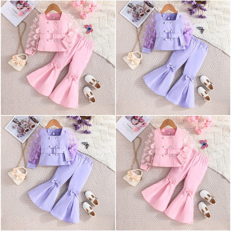 Girls' Mesh Sleeve Top Bell-bottom Pants Suit  ( Available )