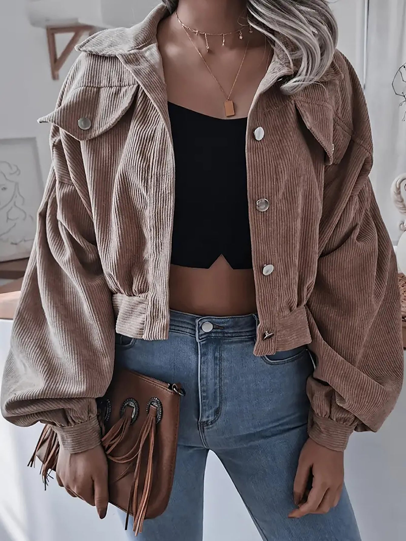 Lantern Sleeve Corduroy Casual Short Jacket