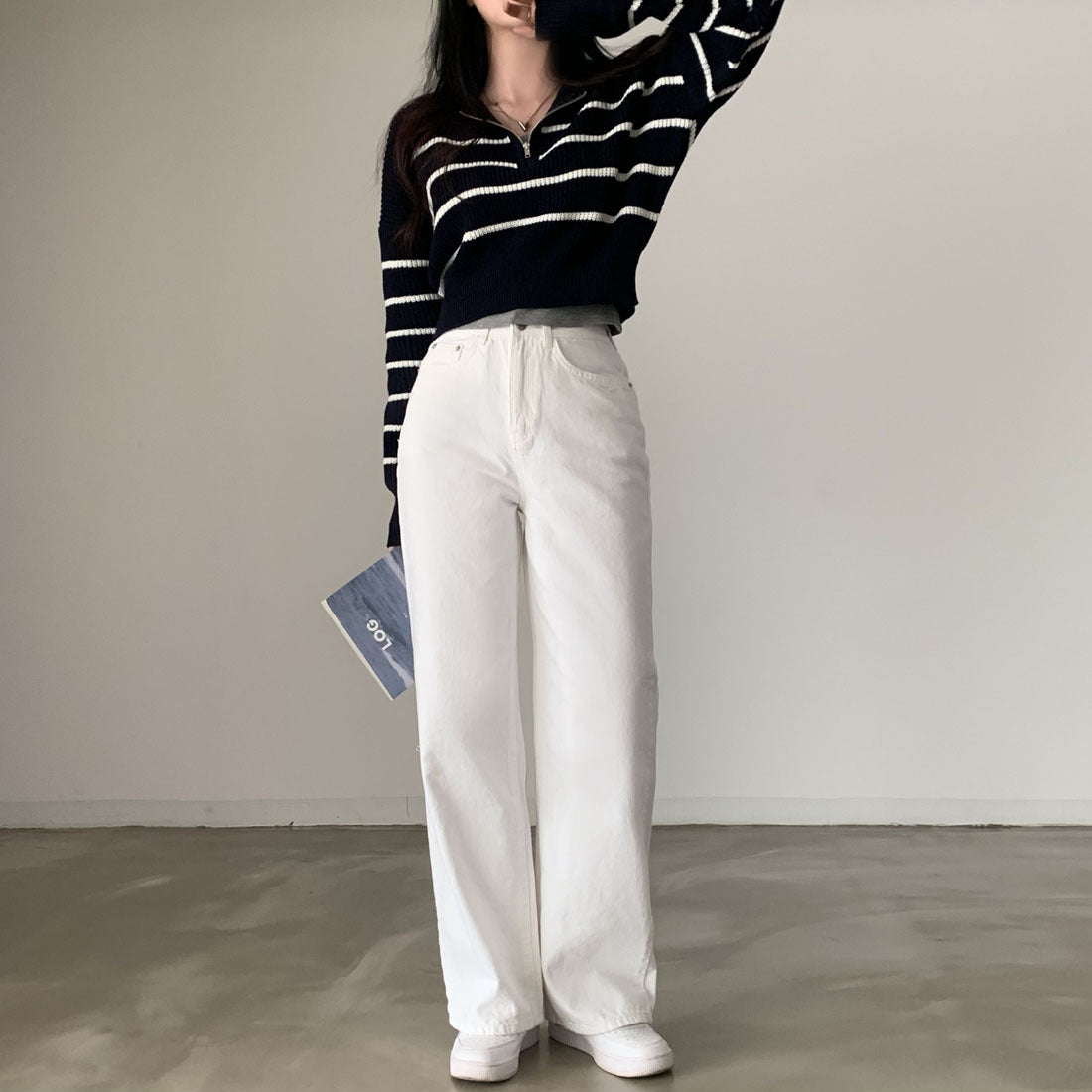 Lapel Half Long-sleeve Zipper Striped Knitted Sweater