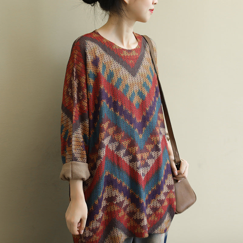 Autumn New Large Size Loose Artistic Retro Long Sleeve Striped All-matching Casual Printed Sweater Top Women's Clothing