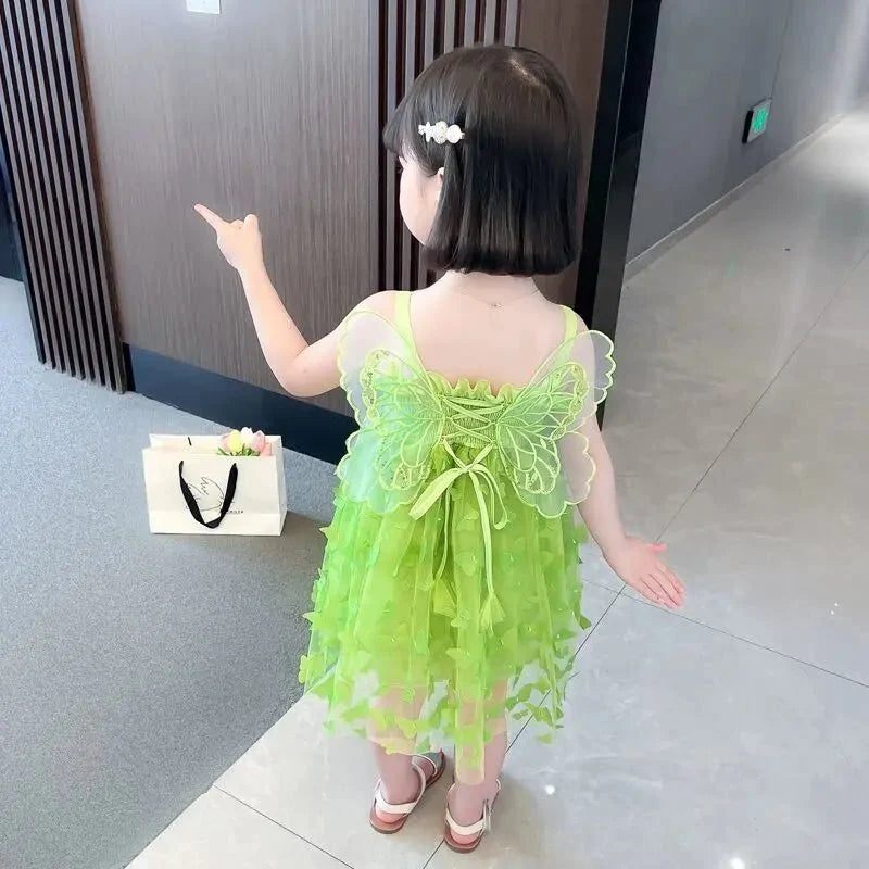 Fairy butterfly wings dress Bangladesh green sling princess party dress for baby girls