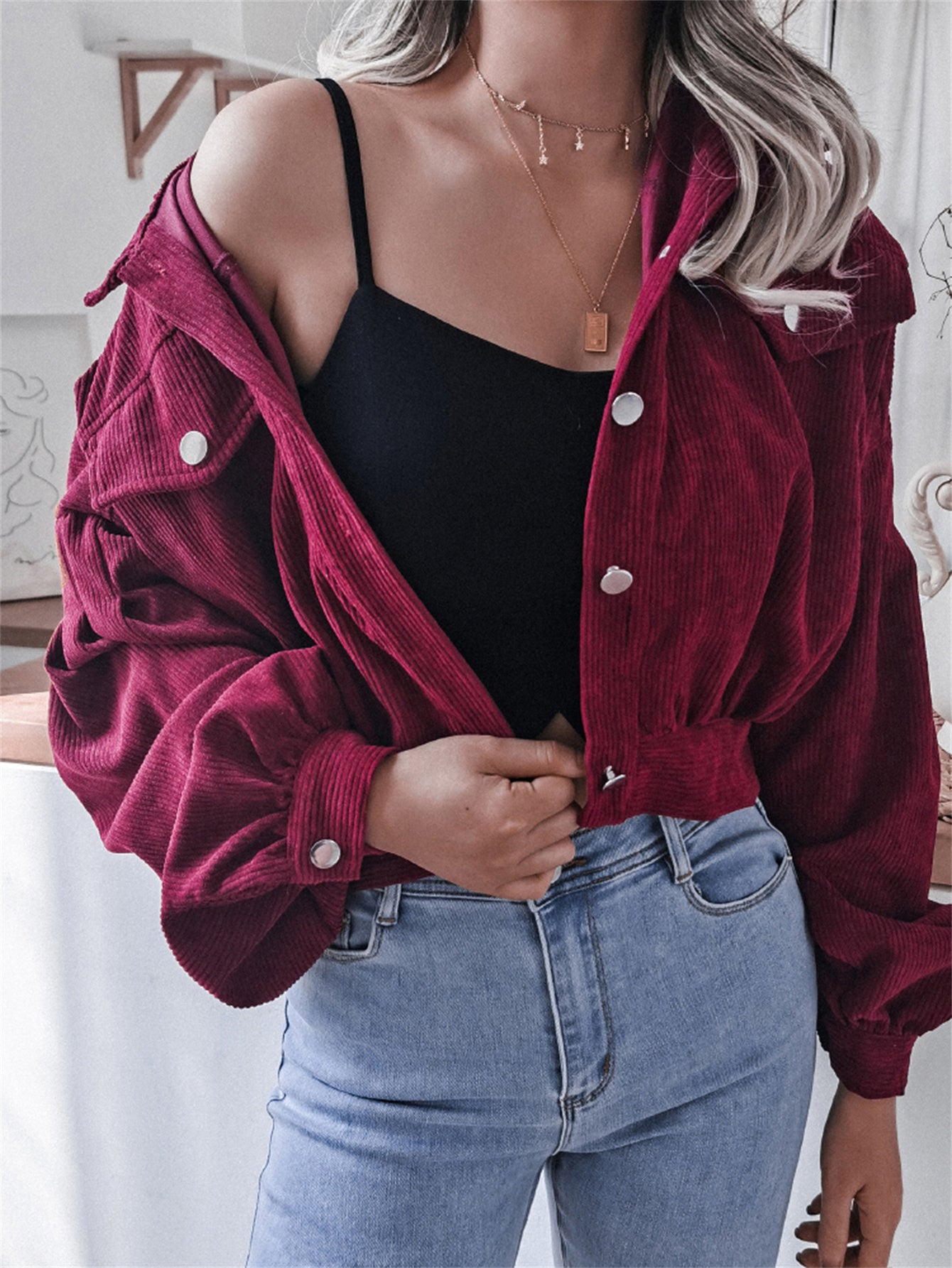 Lantern Sleeve Corduroy Casual Short Jacket
