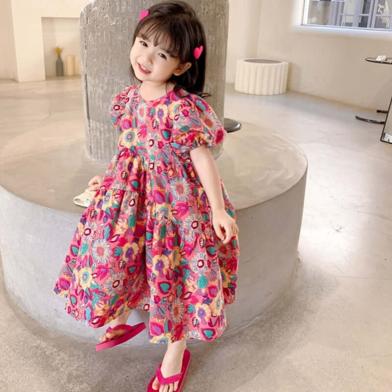 Girls Floral Dress Bangladesh Short Sleeve Western Style - Small China Town