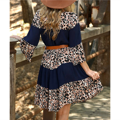 New Women's Clothing Printed Round Neck Pullover Bell Sleeve Dress Women