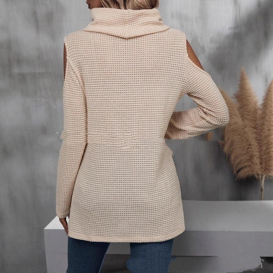 Lace Off-the-shoulder Long Sleeve Pile Collar Solid Color Top