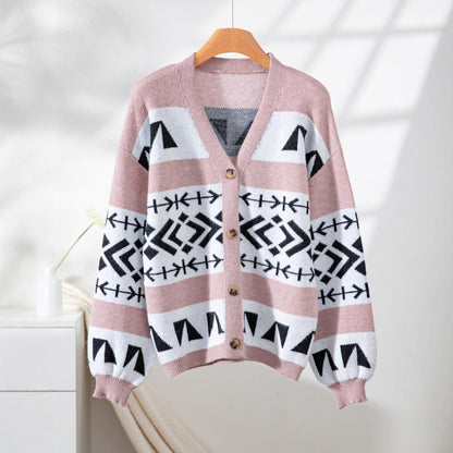Loose And Lazy Style Jacquard Contrast Color Outerwear Knitted Cardigan Sweater