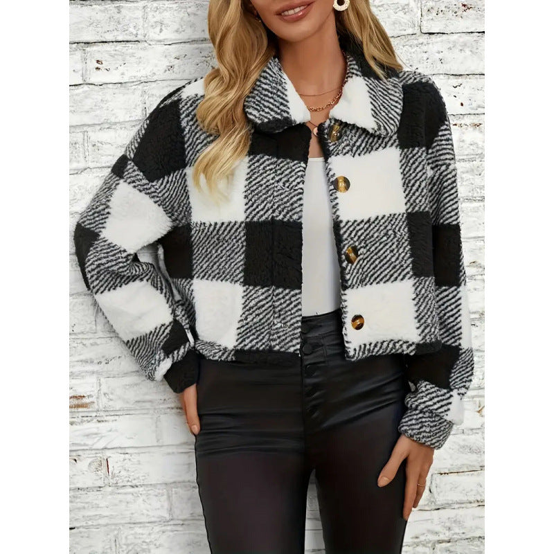 Plaid Pattern Plush Button Cardigan Casual Warm Coat