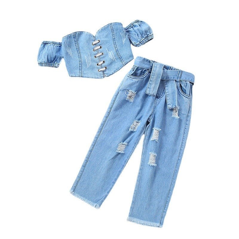 Girls' Off-shoulder Short Sleeve Lace-up Tube Top Denim Ripped Trousers Belt Suit (Available) - Mom & Kids