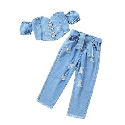 Girls' Off-shoulder Short Sleeve Lace-up Tube Top Denim Ripped Trousers Belt Suit (Available) - Mom & Kids