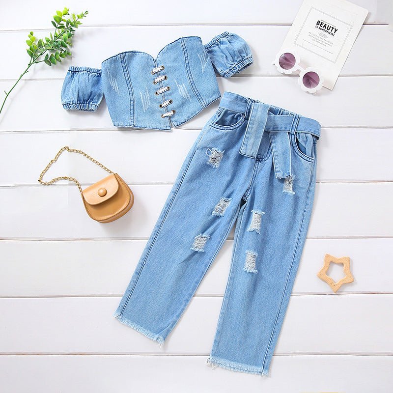 Girls' Off-shoulder Short Sleeve Lace-up Tube Top Denim Ripped Trousers Belt Suit (Available) - Mom & Kids