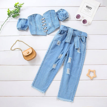Girls' Off-shoulder Short Sleeve Lace-up Tube Top Denim Ripped Trousers Belt Suit (Available) - Mom & Kids