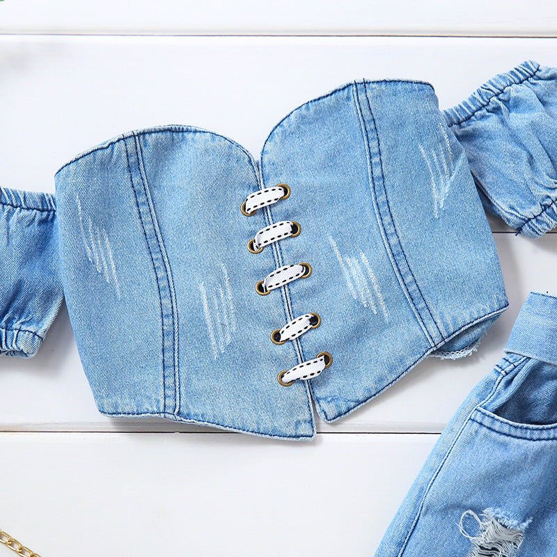 Girls' Off-shoulder Short Sleeve Lace-up Tube Top Denim Ripped Trousers Belt Suit (Available) - Mom & Kids