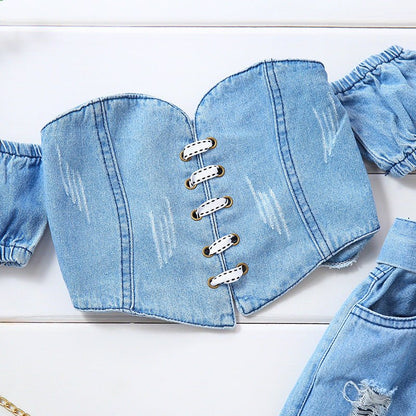 Girls' Off-shoulder Short Sleeve Lace-up Tube Top Denim Ripped Trousers Belt Suit (Available) - Mom & Kids