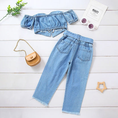 Girls' Off-shoulder Short Sleeve Lace-up Tube Top Denim Ripped Trousers Belt Suit (Available) - Mom & Kids