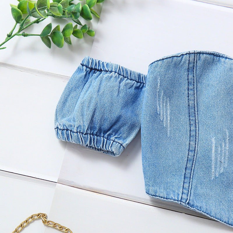 Girls' Off-shoulder Short Sleeve Lace-up Tube Top Denim Ripped Trousers Belt Suit (Available) - Mom & Kids