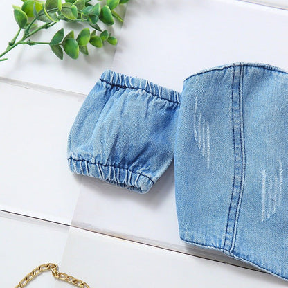 Girls' Off-shoulder Short Sleeve Lace-up Tube Top Denim Ripped Trousers Belt Suit (Available) - Mom & Kids