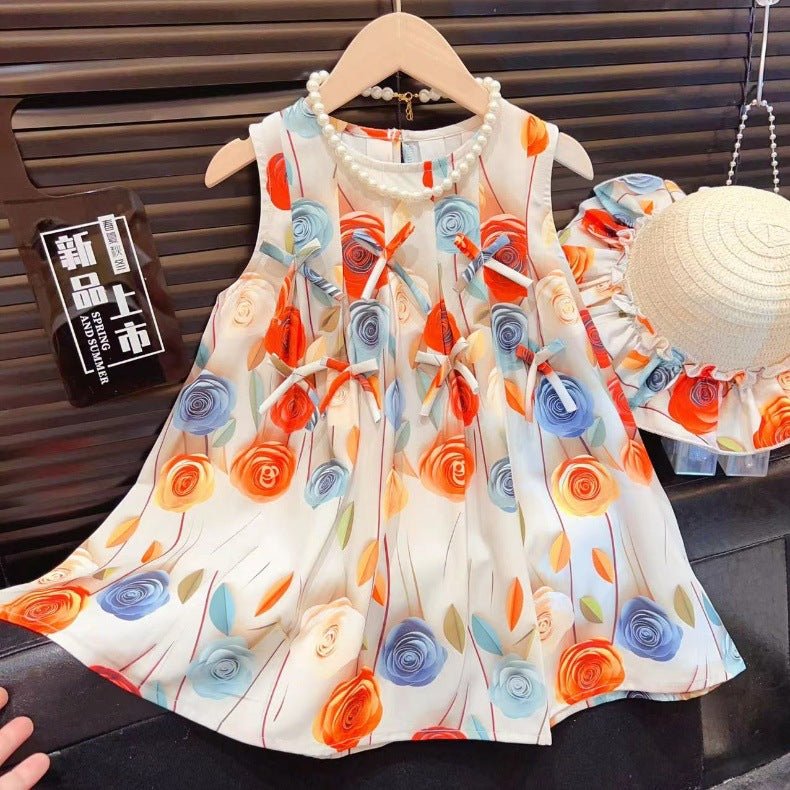 Girls Rose Flower Bowknot Dress 2025 Baby Sweet Princess Dress Sleeveless Vest Dress with Hat (Available) - Mom & Kids