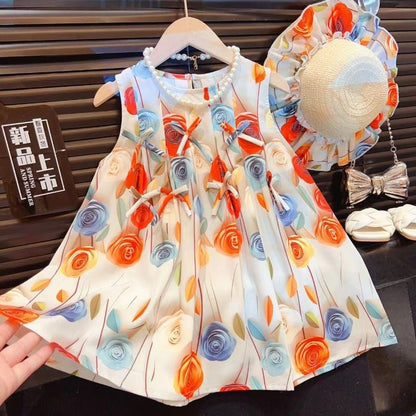 Girls Rose Flower Bowknot Dress 2025 Baby Sweet Princess Dress Sleeveless Vest Dress with Hat (Available) - Mom & Kids