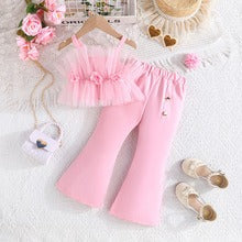 Solid Color Rose Flower Top Mesh + Flared Trousers Fashion Set (Available)