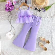 Solid Color Rose Flower Top Mesh + Flared Trousers Fashion Set (Available)