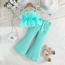 Solid Color Rose Flower Top Mesh + Flared Trousers Fashion Set (Available)