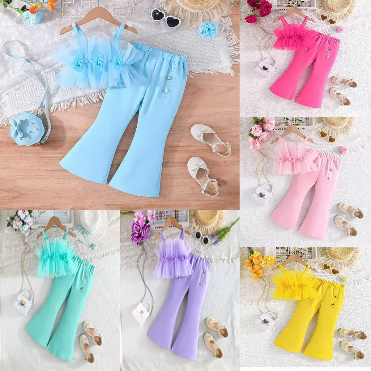Solid Color Rose Flower Top Mesh + Flared Trousers Fashion Set (Available)