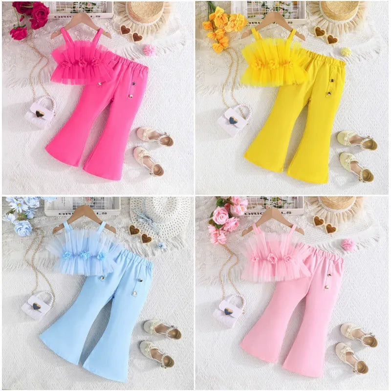 Solid Color Rose Flower Top Mesh + Flared Trousers Fashion Set (Available)