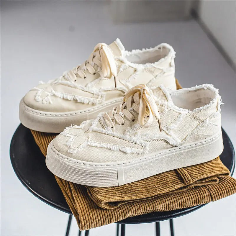 Men's Canvas Shoes New Autumn Low Cut Height Increasing Thick Soled White Shoes Soft Soled