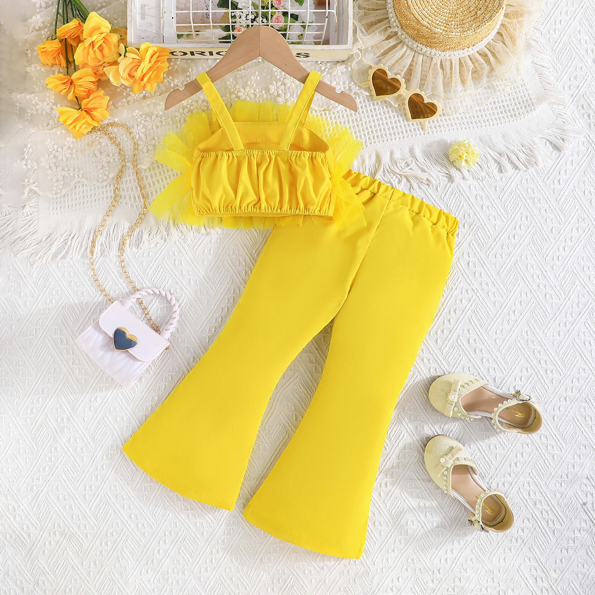 Solid Color Rose Flower Top Mesh + Flared Trousers Fashion Set (Available)