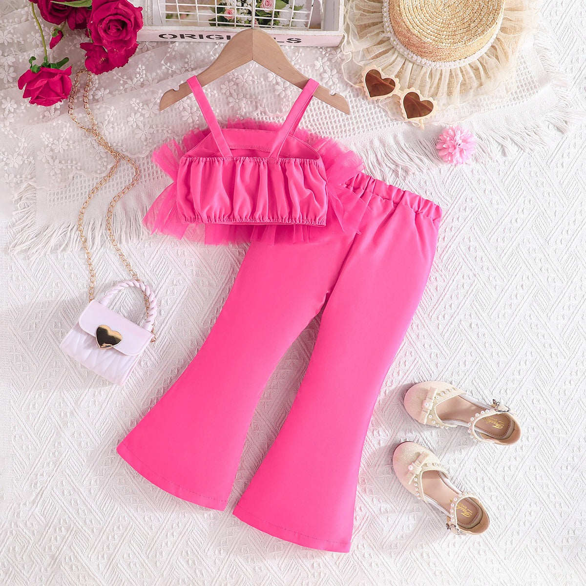 Solid Color Rose Flower Top Mesh + Flared Trousers Fashion Set (Available)